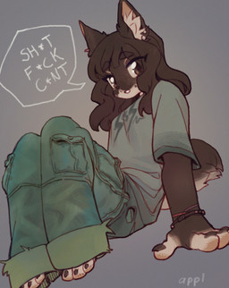 anthro big_eyes biped bottomwear breasts brown_body brown_fur brown_hair censored_text clothed clothing dialogue ear_piercing female fully_clothed fur green_bottomwear green_clothing green_pants hair inner_ear_fluff long_hair looking_at_viewer oversized_bottomwear oversized_clothing oversized_pants oversized_shirt oversized_topwear pants piercing profanity shirt simple_background sitting solo speech_bubble t-shirt tail text topwear tuft white_inner_ear_fluff zeighous canid canine canis domestic_dog mammal artist_name digital_drawing_(artwork) digital_media_(artwork) hi_res signature