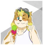 anthro blue_eyes blush clothed clothing dessert eyewear food goggles ice_cream ice_cream_cone male one_eye_closed shirt slightly_chubby solo tank_top topwear wink gukibear lifewonders live_a_hero hisaki_(live_a_hero) canid canine canis domestic_dog mammal