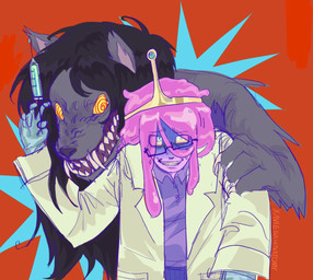anthro black_hair black_snout blue_clothing blue_eyes blue_gloves blue_handwear blue_with_shock bodily_fluids candy canon_couple claws clenched_teeth clothing coat collared_shirt crown dessert duo eyewear female female/female food fur glasses gloves grey_body grey_fur hair hand_on_another's_shoulder hand_on_shoulder handwear headgear holding_syringe lab_coat long_hair looking_at_viewer medical_gloves medical_instrument messy_hair pink_hair red_background scientific_instrument sharp_teeth shirt showing_teeth simple_background spiral spiral_eyes sweat sweaty_face teeth topwear white_lab_coat wolf_ears yellow_eyes xavierahnatomy adventure_time cartoon_network marceline_abadeer princess_bubblegum candy_humanoid canid canine canis food_creature food_humanoid humanoid living_candy mammal wolf 2026 digital_drawing_(artwork) digital_media_(artwork) english_description signature