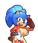 anthro big_breasts bodysuit breasts brown_clothing brown_gloves brown_handwear cleavage clothed clothing crossgender deep_cleavage female gesture gloves hand_on_hip handwear huge_breasts mtf_crossgender salute simple_background skinsuit solo tight_clothing unzipped_bodysuit white_background missphase sega sonic_the_hedgehog_(series) sonic_the_hedgehog eulipotyphlan hedgehog mammal