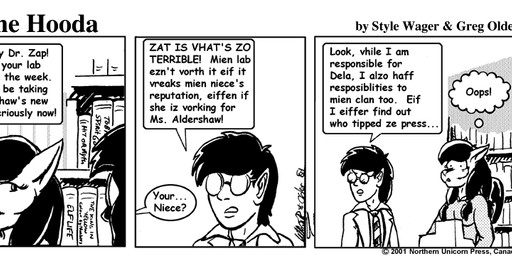 angry anthro book bookshelf breasts clothed clothed_female clothed_male clothing dialogue duo eyewear female fur furniture glasses hair male necktie text style_wager dela_the_hooda dr._zap nylaena domestic_cat felid feline felis halfling humanoid mammal 2001 comic english_text greyscale monochrome