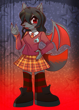 anthro black_hair boots bottomwear chibi claws clothed clothing colored_nails comet_(puyo_puyo) fangs female footwear formal fully_clothed gradient_background grey_ears grey_tail hair knee_highs knee_socks legwear nails red_claws red_eyes red_nails red_tail school_uniform shoes simple_background skirt socks solo star tail teeth uniform pechhi puyo_puyo sega wolfette_(wolfetteplays) canid canine canis demon hybrid mammal wolf absurd_res hi_res