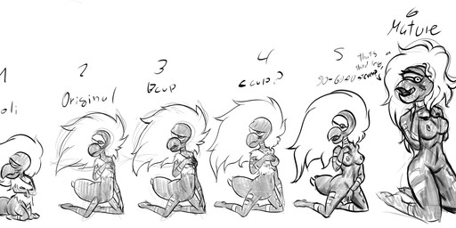 age_progression anthro arthropod_abdomen biped breasts clothing covering covering_self female hair kneeling loli mature_female simple_background solo text thick_thighs thin_calves thin_legs thin_thighs white_background wide_hips young young_anthro young_female soulcentinel cartoon_network steven_universe centipeetle alien arthropod corrupted_gem gem_(species) insect nephrite_(gem_species) hi_res monochrome sketch