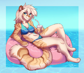 4_toes anthro barefoot bendy_straw beverage bikini bikini_bottom bikini_top blue_bikini blue_bikini_bottom blue_bikini_top blue_clothing blue_eyes blue_swimwear brown_body brown_fur brown_stripes claws clothing curvy_figure drinking_straw feet female fur fur_tuft hair long_hair orange_body orange_fur orange_stripes pool_float pool_toy solo stripes summer sunny swimwear toes tuft two-piece_swimsuit water white_body white_fur white_hair ketty felid mammal pantherine tiger digital_media_(artwork) shaded