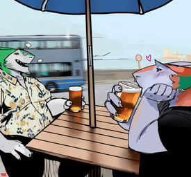 alcohol anthro beer beverage blush bus city_skyline clothed clothing commercial_vehicle detailed_background drinking duo facial_hair facial_piercing fully_clothed furniture goatee head_on_hand holding_beverage holding_object looking_at_another male male/male nose_piercing piercing septum_piercing sitting smile speech_bubble table umbrella vehicle water aviesergal avie sergal hi_res