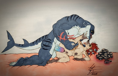 5_fingers 5_toes abdominal_bulge anthro anthro_on_anthro anthro_penetrated anthro_penetrating anthro_penetrating_anthro balls big_balls big_breasts big_penis black_nose blue_body blue_skin breasts brown_body brown_fur brown_hair duo fangs feet female female_penetrated fingers fur genitals good_clean_married_sex hair huge_balls huge_penetration huge_penis humanoid_feet humanoid_hands husband_and_wife husband_penetrating_wife interspecies kneeling larger_male lube lying male male/female male_penetrating male_penetrating_female markings married_couple muscular muscular_anthro muscular_male nipples nude nude_anthro nude_female nude_male on_side penetration penile penile_penetration penis penis_in_vagina plantigrade scar sex size_difference smaller_female smaller_penetrated smile spots spotted_body spotted_fur spread_legs spreading tail teeth toes tongue tongue_out vaginal vaginal_penetration vein veiny_penis vulva bikerboyart christopher_(zummeng) nora_(zummeng) aquatic fish hyena mammal shark spotted_hyena 2025 hi_res signature