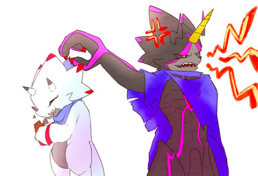 anthro belt black_body black_sclera blue_cape blue_clothing candy cape chocolate chocolate_bar claws clothing codpiece cross-popping_vein dessert duo eating eyes_closed food horn kerchief male neckerchief neckwear open_mouth simple_background tail teeth white_background white_body yelling oko_konoko2 bandai_namco digimon digimon_(species) gammamon gulusgammamon hi_res