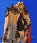 anthro blue_background bottomwear cape chain clothing kemono looking_at_viewer male muscular pants scar simple_background solo topwear chivess arknights hypergryph studio_montagne mountain_(arknights) felid mammal pantherine tiger absurd_res hi_res