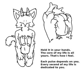 anthro cardiophilia claws dialogue disembodied_hand eyes_closed fluffy fluffy_tail fur fur_markings ghost_hand heart_(organ) heartbeat holding_heart holding_organ horn kneeling male markings organs spots spotted_body tail wafas domestic_cat felid feline felis mammal line_art monochrome