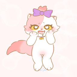 3_fingers 3_toes accessory anthro blush bodily_fluids bow_ribbon cheek_tuft collar_tag drooling eyelashes facial_tuft feet female fingers fur fur_markings genital_fluids genitals hair_accessory hair_bow hair_ribbon head_bow heart_eyes heart_symbol innie_vulva kemono loli looking_at_viewer markings nude pink_markings pink_nose pointy_ears prick_ears purple_bow ribbons saliva simple_background solo standing toes tuft vaginal_fluids vulva white_body white_fur yellow_eyes young young_female lin1435489_(artist) love_for_my_cutie berry_(love_for_my_cutie) domestic_cat felid feline felis mammal 1:1 colored digital_drawing_(artwork) digital_media_(artwork) flat_colors