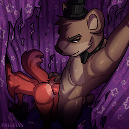 anal anal_penetration anthro anthro_on_anthro anthro_penetrated anthro_penetrating anthro_penetrating_anthro bareback bent_over big_butt bow_tie butt butt_grab clothing curtains duo erection eyebrows from_behind_position fur genitals hand_on_butt hat headgear headwear high-angle_view humanoid_genitalia humanoid_penis inside interspecies large_penetration looking_pleasured male male/male male_penetrated male_penetrating male_penetrating_male muscular muscular_anthro muscular_male narrowed_eyes nude penetration penile penile_penetration penis penis_in_ass sex smile standing standing_sex top_hat tuft fallflys five_nights_at_freddy's scottgames foxy_(fnaf) freddy_(fnaf) bear canid canine fox mammal 1:1 2023 hi_res signature