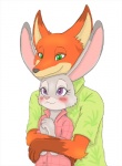 anthro blush female fur grey_body grey_fur hug male red_body red_fur simple_background white_background fang_(artist) disney zootopia judy_hopps nick_wilde canid canine fox lagomorph leporid mammal rabbit red_fox true_fox 2016