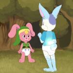 1:1 a_link_to_the_past anthro blonde_hair blue_eyes clothing diaper duo eye_contact fur grass hair hat headgear headwear hi_res inner_ear_fluff kay_(disambiguation) lagomorph launny leporid link_(rabbit_form) looking_at_another magic male mammal nintendo open_mouth outside pink_body pink_fur plant rabbit red_eyes shirt standing the_legend_of_zelda toddler topwear transformation tree tuft whiskers young young_anthro