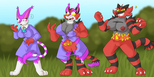 anthro barefoot big_breasts breast_expansion breasts clothing expansion feet female genitals grass looking_at_viewer mid_transformation nipples nude open_mouth outside plant pokemorph smile solo species_transformation standing surprised tail torn_clothing transformation vulva whiskers detectivecoon bandai_namco digimon nintendo pokemon leona_bridge digimon_(species) gatomon generation_5_pokemon generation_7_pokemon hybrid incineroar liepard pokemon_(species) digital_media_(artwork) hi_res sequence