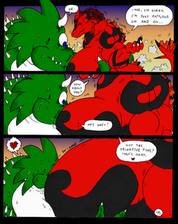 anthro big_breasts bodily_fluids body_size_growth breast_smother breasts duo female giga growth_lines heart_symbol huge_breasts macro male muscular muscular_female muscular_male onomatopoeia size_difference size_transformation smothering sound_effects speech_bubble sweat text transformation dnapalmhead redsaber third-party_edit mythology dragon mythological_creature mythological_scalie scalie comic english_text