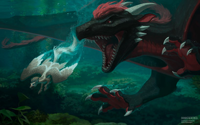 ambiguous_gender ambiguous_prey black_body bodily_fluids bubble claws clothing drooling duo ears_up fangs female feral feral_pred fur hair horn hunter male male/female mouth_shot open_mouth paws red_body red_eyes red_hair red_scales sacrifice saliva scales sea seabed seaweed size_difference spikes swimwear teeth tongue tongue_out underwater vore water wings wool_(fur) hoffersanchez mythology anthozoan cnidarian coral dragon marine mythological_creature mythological_scalie scalie hi_res