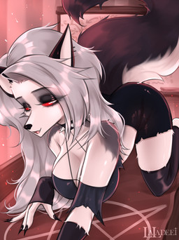 all_fours anthro bottomwear breasts clothed clothing ear_piercing ear_ring female fur hair half-closed_eyes narrowed_eyes occult_symbol pentagram piercing red_sclera ring_piercing shorts smile solo symbol tail topwear white_body white_fur laladeei hellaverse helluva_boss mythology loona_(helluva_boss) canid canid_demon canine demon hellhound mammal mythological_canine mythological_creature digital_media_(artwork) hi_res