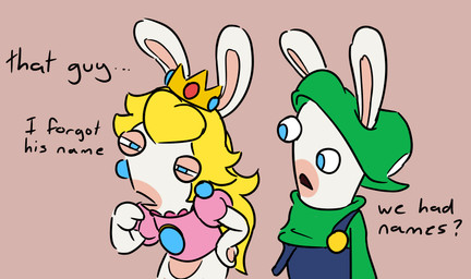 anthro arms_bent asking asking_another backwards_hat black_mouth blonde_hair blue_clothing blue_ear_piercing blue_eyes blue_overalls bottomless bottomless_anthro bottomless_female brown_background button_(fastener) clothed clothed_anthro clothed_female clothed_male clothing crown dialogue duo ear_piercing female female_anthro fully_clothed fully_clothed_anthro fully_clothed_male fur gem green_clothing green_hat green_headwear green_shirt green_topwear hair hand_pawpads hat headgear headwear leaning leaning_forward lidded_eyes long_ears long_hair looking_at_another male male_anthro mitten_hands multicolored_body narrowed_eyes no_pupils noseless overalls pawpads piercing question ruby_(gem) sapphire_(gem) shirt simple_background squint talking_to_another tan_body tan_eyelids tan_inner_ear tan_pawpads tan_skin text topwear two_tone_body white_body white_fur insert-thenewbl-here mario_bros mario_plus_rabbids_kingdom_battle nintendo raving_rabbids rayman_(series) ubisoft rabbid_luigi rabbid_peach lagomorph mammal rabbid 2024 crossover digital_drawing_(artwork) digital_media_(artwork) english_description english_text flat_colors