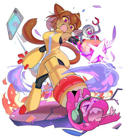 1_eye ambiguous_anthro ambiguous_gender anthro arm_cannon big_breasts bodily_fluids boots breasts brown_body brown_fur brown_hair charging clothing curled_tail dress electronics eyewear eyewear_on_head female female_anthro fire footwear fur goggles goggles_on_head grey_body grin group hair headphones heart_symbol long_tail machine on_another one_eye_closed open_mouth pink_body purple_eyes shoes short_tail simple_background smile smoke stepping_on_another sweat sweatdrop tablet tail tears trio white_background wide_hips yellow_boots yellow_clothing yellow_dress yellow_footwear psibunny cygames gameoverse glitch_productions world_flipper gobbles_(gameoverse) kaboodle_(gameoverse) kit_bodega dinosaur domestic_cat felid feline felis mammal orb_robot prehistoric_species reptile robot scalie 2026 absurd_res hi_res male_(lore)