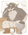 anthro artificial_leg belly bottomwear bulge clothing facial_hair hair horn male mature_male musclegut muscular nipples pecs shirtless shorts solo white_hair aruji_yume lifewonders tokyo_afterschool_summoners ahab_(tas) bovid bovine mammal true_buffalo water_buffalo