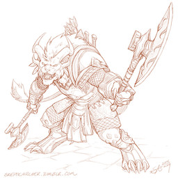 angry anthro armor arrow_(weapon) axe battle_axe bracers claws fangs gabardine greaves horn looking_at_viewer male mane melee_weapon pauldron quiver_(object) ranged_weapon solo teeth weapon whiskers skepsisfox guild_wars charr felid mammal 2014 line_art monochrome