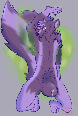 anthro armpit_sniffing bodily_fluids bulge fart fart_cloud fart_fetish fart_sniffing genital_fluids genitals male musk musky_armpit musky_penis precum purple_body smell smelly sniffing solo stink_cloud sweat sweatdrop sweaty_genitalia nicoysita canid canine canis humanoid hybrid mammal mephitid skunk wolf absurd_res hi_res