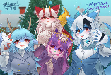 anthro antlers black_eyes blue_body blue_hair blue_horn breasts female group hair holidays horn orange_eyes purple_body purple_hair red_body red_eyes red_horn sex_toy snow white_body white_hair winter_clothing lalamedli christmas mythology bat deer dragon mammal mythological_creature mythological_scalie scalie absurd_res hi_res