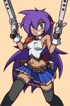 2019 accessory arc_system_works armwear average-hanzo belt blazblue blue_eyes bottomwear breasts brown_body brown_skin buckle clothed clothing cosplay female genie gloves gun hair hair_accessory handwear holding_object holding_weapon humanoid humanoid_pointy_ears legwear long_hair looking_at_viewer mammal midriff navel necktie noel_vermillion not_furry purple_hair ranged_weapon shantae shantae_(series) shirt simple_background skirt small_breasts smile solo teeth thigh_highs topwear wayforward weapon