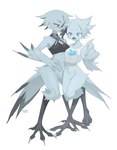 absurd_res anthro avian avian_feet beak biped bird black_body blue_body blue_eyes blue_feathers bottomless clothed clothing duo feathers female hi_res kaltespur meme red_eyes simple_background tweetfur twitter white_background x_(social_media) x_corporation
