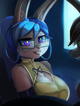 anthro big_breasts blue_hair breasts brown_body brown_fur buckteeth clothing duo eyewear female fur glasses green_eyes hair open_mouth purple_eyes rectangular_glasses smile teeth yellow_clothing general-irrelevant lazuli_delarosa mits_(character) lagomorph leporid mammal rabbit 3:4 hi_res