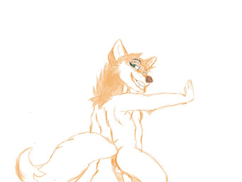 against_surface against_wall anthro backsack balls butt genitals green_eyes grin looking_at_viewer looking_back male nude penis simple_background smile solo standing white_background unknown_artist canid canine fox mammal 4:3 hi_res monochrome sketch source_request