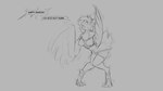 16:9 2019 anthro avian bird breasts clothing digital_drawing_(artwork) digital_media_(artwork) digitigrade feathers female grey_background hair monochrome navel nipples non-mammal_breasts offscreen_character open_mouth simple_background sketch solo standing surprise torn_clothing transformation watsup widescreen wings