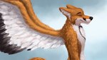 anthro black_body black_feathers black_nose eyebrows eyes_closed feathered_wings feathers fur male nude orange_body orange_fur side_view simple_background solo white_body white_feathers white_fur wings katarhein canid canine fox mammal 16:9 2017 digital_media_(artwork) hi_res widescreen