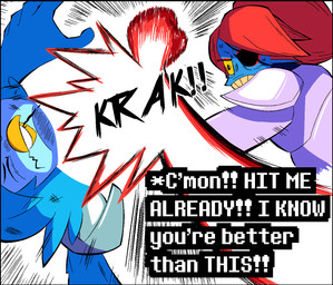 ambiguous_gender anthro armor beak blue_body blue_feathers blue_hair blue_scales clothed clothed_anthro clothing duo eye_patch eyewear feathers fight hair onomatopoeia punch red_hair scales sound_effects text winged_arms wings merlebirb_(artist) undertale_(series) undertale_yellow martlet_(undertale_yellow) undyne animal_humanoid avian bird fish fish_humanoid humanoid marine marine_humanoid 2024 digital_drawing_(artwork) digital_media_(artwork) english_text hi_res female_(lore)