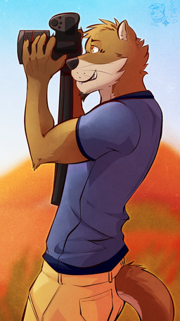 anthro arm_tuft black_nose blue_clothing blue_shirt blue_t-shirt blue_topwear bottomwear brown_body brown_eyes brown_facial_hair brown_fur brown_goatee camera camera_strap cheek_tuft clothed clothed_male clothing countershade_face countershade_tail countershading cute_fangs elbow_tuft facial_hair facial_tuft fangs fully_clothed fully_clothed_male fur furgonomic_bottomwear furgonomics goatee head_tuft holding_camera holding_object khaki_shorts logo male membrane_(anatomy) neck_tuft outside sand shirt sky smile solo t-shirt tail taking_picture tan_body tan_fur teeth text topwear tuft webbed_hands whisker_spots whiskers ventkazemaru canon_(company) echo_(game) echo_(series) echo_project chase_hunter asian_small-clawed_otter mammal mustelid otter 2025 absurd_res artist_logo artist_name dated hi_res