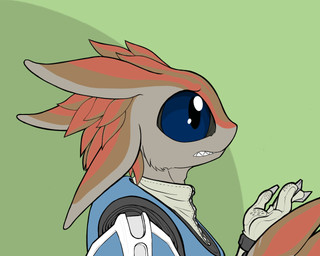 3_fingers 4_ears ambiguous_anthro ambiguous_gender anthro armor big_eyes blue_eyes brown_body brown_feathers claws clothed clothed_ambiguous clothed_anthro clothing facial_tuft feather_tuft feathers finger_claws fingers glistening glistening_eyes gloves green_background handwear head_tuft multi_ear multicolored_body multicolored_feathers noseless open_mouth orange_body orange_feathers pupils sharp_teeth short_snout simple_background snout solo tan_body tan_feathers teeth tuft compound_lift avali avian 2016 5:4 bust_portrait digital_media_(artwork) flat_colors portrait