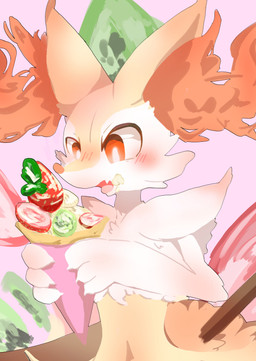 3_fingers abstract_background ambiguous_anthro ambiguous_gender anthro arm_tuft biped blush blush_lines cheek_tuft chest_tuft claws crepe dairy_products dessert eating eating_food facial_tuft finger_claws fingers flesh_fang fluffy fluffy_tail food food_on_face front_view fruit fur hip_tuft inner_ear_fluff looking_at_food looking_at_object looking_down multicolored_body multicolored_fur nude_ambiguous nude_anthro object_in_tail open_mouth orange_body orange_eyes orange_fur orange_inner_ear_fluff orange_nose plant pointy_ears prick_ears shoulder_tuft snout solo standing stick stick_in_tail strawberry tail teeth three-quarter_view tuft whipped_cream white_body white_claws white_fur yellow_body yellow_fur yellow_tail izon448 nintendo pokemon braixen canid generation_6_pokemon mammal pokemon_(species) 2023 absurd_res cel_shading colored digital_drawing_(artwork) digital_media_(artwork) half-length_portrait hi_res portrait shaded
