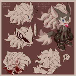 anthro biped black_body black_fur blood blood_on_face blood_on_hand blue_eyes bodily_fluids border brown_background clothing dipstick_tail ellipsis emanata eye_scar facial_scar footwear fur gem gloves grey_border hair half-closed_eyes handwear heterochromia inner_ear_fluff interrobang male markings mask multicolored_tail narrowed_eyes open_mouth open_smile scar shoes simple_background smile solo standing sweat tail tail_markings text tuft white_body white_fur white_hair yellow_eyes nonananana sega sonic_forces sonic_the_hedgehog_(series) infinite_(sonic) canid canine canis jackal mammal 2018 dated digital_media_(artwork) japanese_text multiple_images