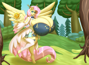 anthro big_breasts biped breasts clothed clothing detailed_background eyelashes feathered_wings feathers female hair huge_breasts hyper hyper_breasts outside pink_hair plant pupils solo standing three-quarter_view tree wings yellow_body blues64 mr.pink friendship_is_magic hasbro hololive hololive_en my_little_pony mythology vtuber ceres_fauna fluttershy_(mlp) equid equine mammal mythological_creature mythological_equine pegasus 2025 absurd_res hi_res