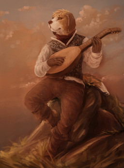 5_fingers anthro boots bottomwear brown_body brown_bottomwear brown_clothing brown_footwear brown_fur claws clothed clothing cloud day fingers footwear front_view fully_clothed fur grass holding_musical_instrument holding_object lute male musical_instrument outside pants plant playing_music plucked_string_instrument rock shirt shoes sky solo string_instrument topwear white_body white_clothing white_fur white_topwear raventenebris canid canine canis domestic_dog mammal full-length_portrait hi_res portrait