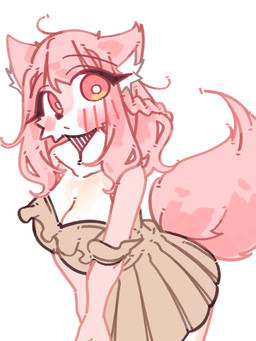 anthro bangs bare_shoulders big_breasts black_nose blush breasts cheek_tuft clothing collarbone dress eyelashes facial_tuft female fur hair inner_ear_fluff long_eyelashes long_hair looking_at_viewer pink_eyes pink_hair pink_tail pupils simple_background solo tail tan_dress tuft white_background white_body white_fur white_pupils kgs701 canid canine mammal 3:4 colored digital_drawing_(artwork) digital_media_(artwork) hi_res shaded