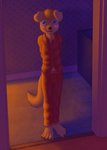 anthro black_nose blonde_hair blue_eyes blush clothed clothed_anthro clothed_male clothing doorway french_artist hair hands_behind_back looking_at_viewer male pajamas red_clothing solo standing_in_doorway wallpaper_(decoration) young young_anthro chokodonkey conditional_dnp canid canine canis domestic_dog mammal hi_res