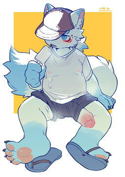 4_toes anthro baseball_cap biped blue_eyes bottomwear claws clothed clothing dipstick_ears dipstick_tail ear_markings eye_markings feet fingers flip_flops fluffy fluffy_tail food footwear foreskin fur fur_markings genitals geometric_background glans hat headgear headwear humanoid_genitalia humanoid_penis inner_ear_fluff kemono male markings multicolored_ears pawpads paws penis penis_poking_out penis_through_leghole popsicle sandals shirt shoes short short_anthro short_male shorts shota simple_background sitting slightly_chubby slightly_chubby_anthro slightly_chubby_male solo tail tail_markings text toe_claws toes topwear tuft urethra white_body white_clothing white_fur white_penis white_shirt white_topwear young young_anthro young_male milkybot fukakusa_(ra_tenpu) canid canine mammal 2024 artist_name dated digital_media_(artwork) hi_res