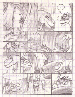 ambiguous_fluids ambiguous_gender bodily_fluids cave crying ellipsis exclamation_point eyes_closed female feral interrobang question_mark sleeping sound_effects stalactite stalagmite sweat sweatdrop tears vowelless vowelless_sound_effect zzz chibibass dinosaur dromaeosaurid prehistoric_species reptile scalie theropod tyrannosaurid tyrannosauroid tyrannosaurus tyrannosaurus_rex velociraptor 2009 comic monochrome