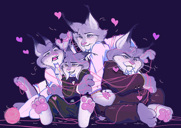 anthro ball_of_yarn black_background blue_eyes bound bound_together claws female fur green_eyes grey_body grey_fur group heart_symbol male paws pointy_ears simple_background suit_jacket suit_pants yarn yellow_eyes hjdoak disney zootopia cattrick_lynxley kitty_lynxley milton_lynxley pawbert_lynxley canada_lynx felid feline lynx mammal