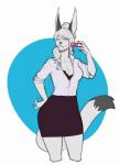 anthro big_ears big_tail black_nails bottomwear bra bra_peek breasts cleavage clothed clothing colored_nails dress eyewear fangs female glasses hair lace lingerie long_hair nails ponytail sabertooth_(anatomy) secretary shirt simple_background skirt solo tail teeth topwear underwear white_eyes white_hair spearfrost snow_(snowier) felid mammal prehistoric_species saber-toothed_tiger