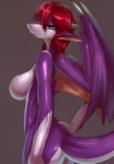 anthro big_breasts breasts butt female frown green_eyes grey_background hair half-closed_eyes hand_on_hip horn looking_at_viewer looking_back membrane_(anatomy) membranous_wings narrowed_eyes nipples non-mammal_breasts non-mammal_nipples nude purple_body red_hair side_boob simple_background solo standing tail wings hopping4 mythology dragon mythological_creature mythological_scalie scalie