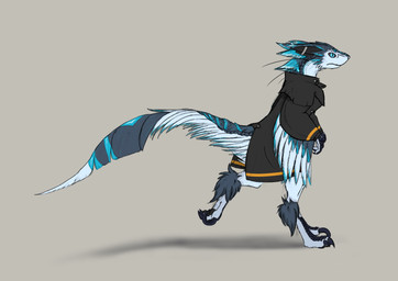ankle_tuft anthro big_tail black_claws black_clothing black_coat black_scutes black_topwear blue_body blue_eyes blue_feathers blue_markings claws clothing coat ear_bands feather_markings feathers grey_body grey_feathers leg_tuft looking_forward male markings neck_whiskers running scaled_ears scuted_hands scuted_legs scutes sickle_claw side_view simple_background solo tail tail_markings toe_claws topwear tuft white_body white_feathers white_markings toddavali braid_(k'braid) enolaraptor absurd_res hi_res