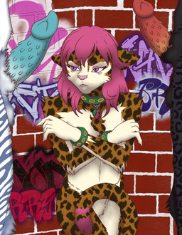 animal_genitalia anthro bell bell_collar brick brick_wall collar cuffs_(object) defensive_stance erection fur genitals graffiti graffiti_on_wall group hair male male/male markings penis pink_hair purple_eyes spots spotted_body spotted_fur striped_body striped_fur stripes trio wall_(structure) strawberrycat24 giorgio_(strawberrycat24) liopold_(strawberrycat24) strawberry_(strawberrycat24) felid feline mammal pantherine hi_res