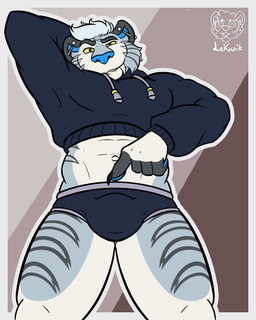 abs anthro biceps bite biting_lip blue_body blue_fur briefs bulge clothing cropped_hoodie fur gesture hand_gesture hand_on_back hoodie hoodie/briefs_meme looking_at_viewer looking_down looking_down_at_viewer male muscular muscular_anthro muscular_male pecs piercing pointing pointing_at_crotch simple_background solo standing teeth topwear underwear yellow_eyes lekazik felid feline mammal prehistoric_species saber-toothed_tiger 4:5 hi_res